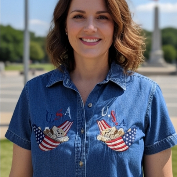 Vintage 90s Kitty Embroidered Denim Shirt M 😻 - Picture 1 of 7